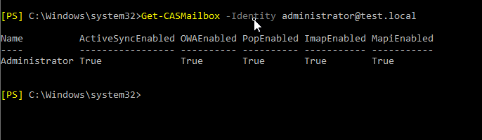 CASMailbox –identity administrator@test.local